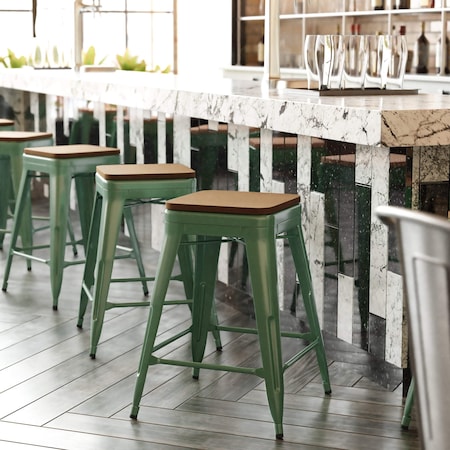 Flash Furniture 24" Green Metal Stool-Teak Poly Seat CH-31320-24-GN-PL2T-GG